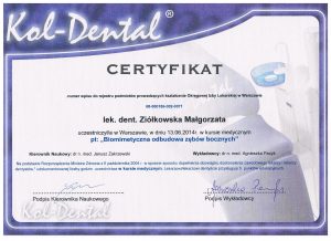 Biometryczna odbudowa zębów bocznych - certyfikat | Medic Dental